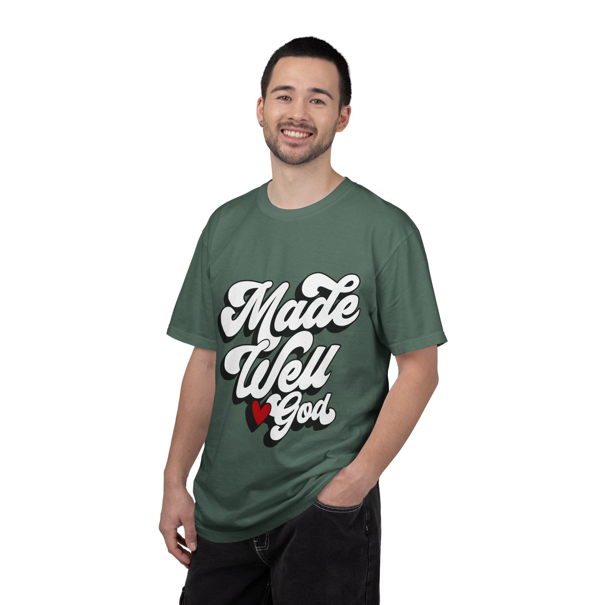 Made Well God T-Shirt — Script Faith Graphic Tee with Heart Accent